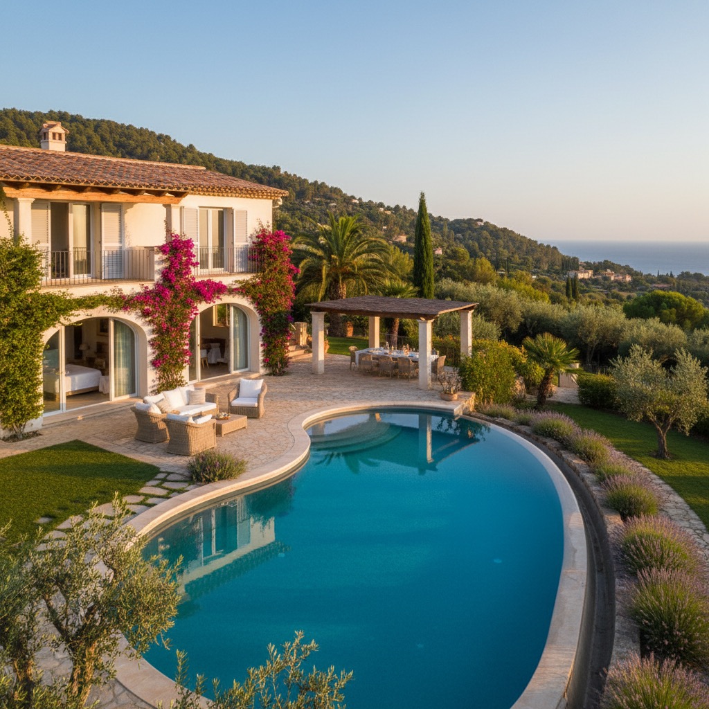 Una villa mediterranea di lusso con piscina a sfioro e vista sul mare al tramonto.
