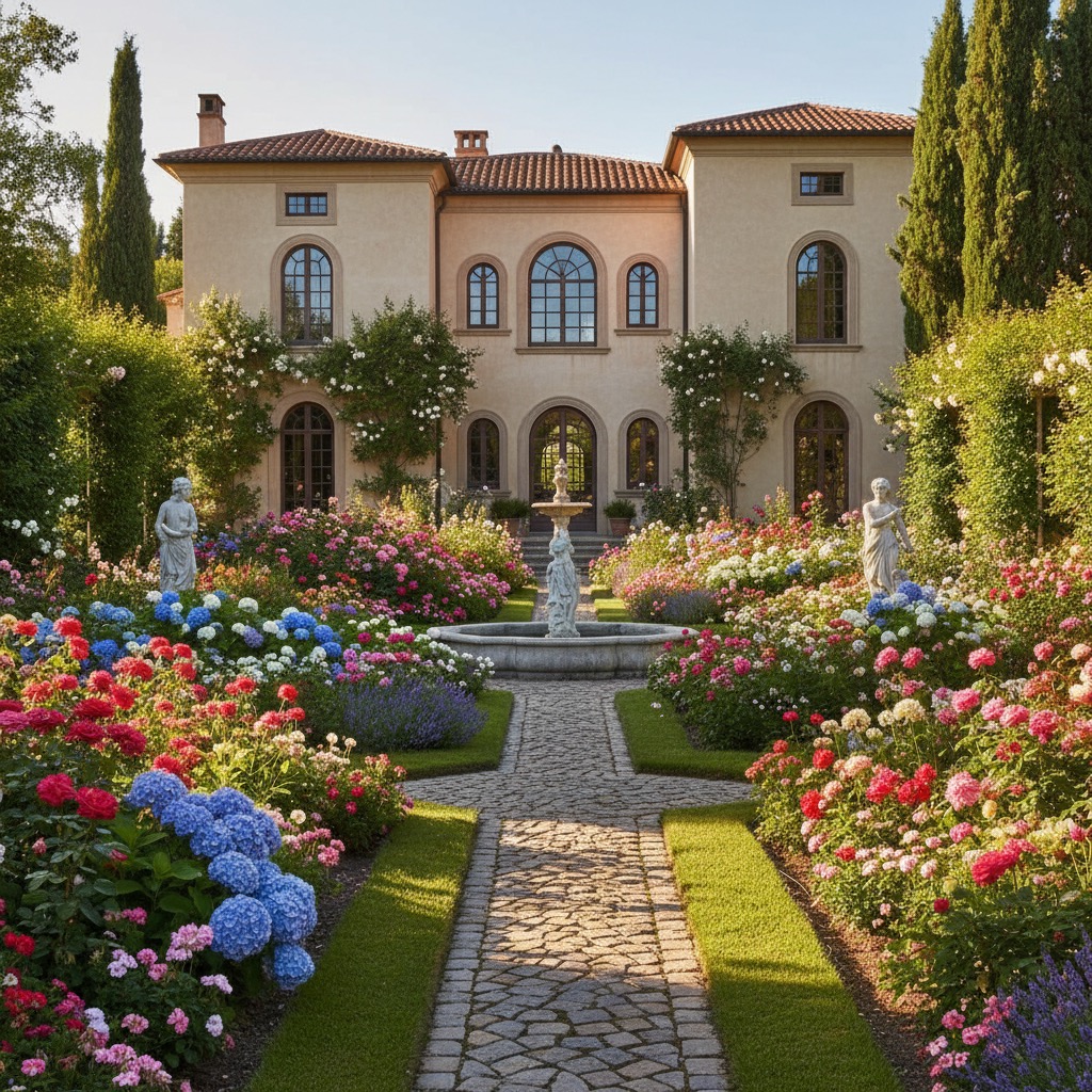 Un vialetto in pietra conduce alla facciata di una villa in stile mediterraneo circondata da giardini fioriti e statue.