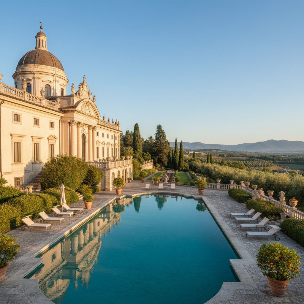 Una grande piscina rettangolare con lettini ai lati si trova di fronte a un imponente palazzo storico circondato da colline e cipressi.