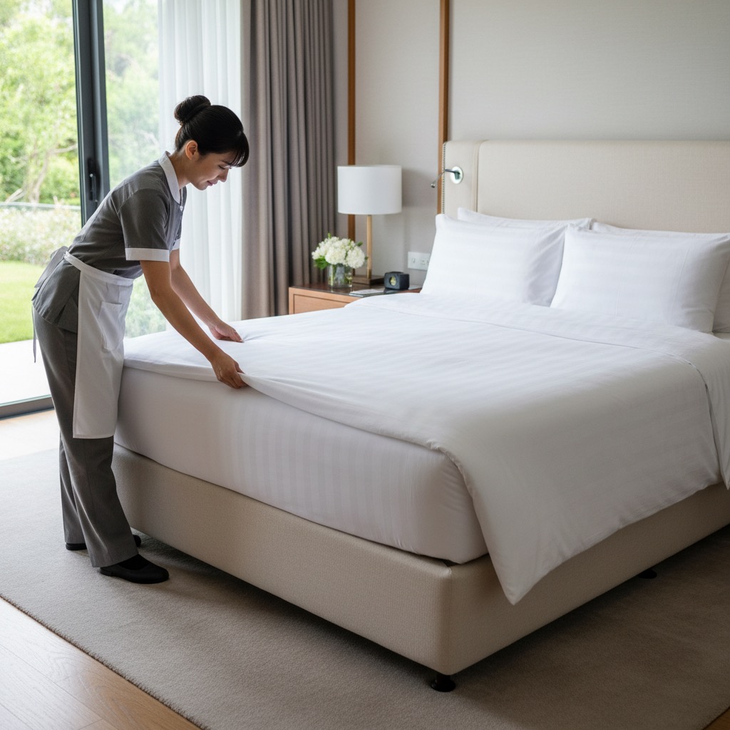 Una cameriera rifà il letto con lenzuola bianche in una luminosa camera d'albergo.