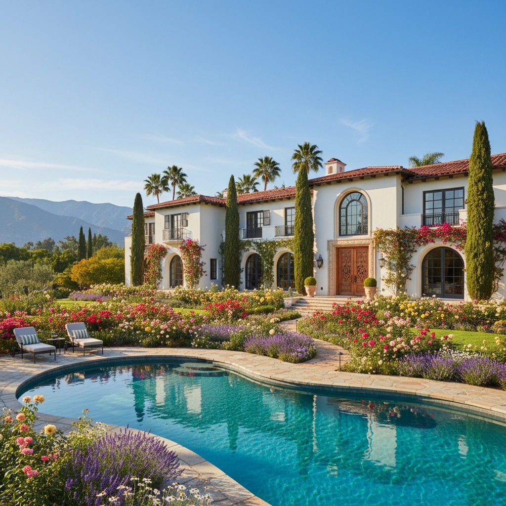 Una grande villa bianca di stile mediterraneo con piscina e giardini fioriti in primo piano, sotto un cielo sereno.