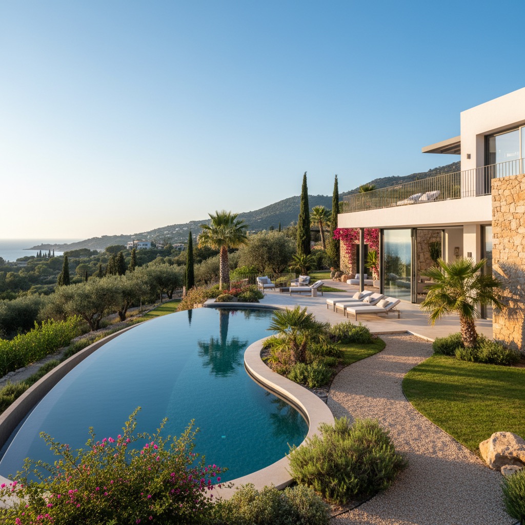 Una villa di lusso con piscina a sfioro si affaccia su un paesaggio collinare e sul mare in lontananza.